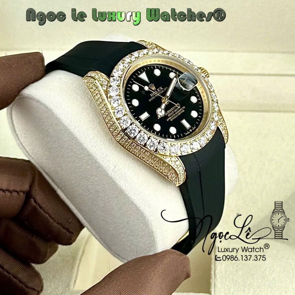Đồng Hồ Rolex Submariner Automatic Nam Dây Cao Su Đen Đính Đá Vỏ Gold Size 41mm