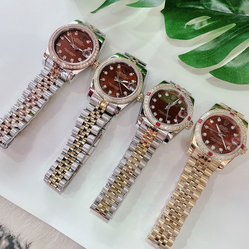 Đồng Hồ Rolex Nữ Demi Hồng Mặt Nâu Máy Pin 32mm