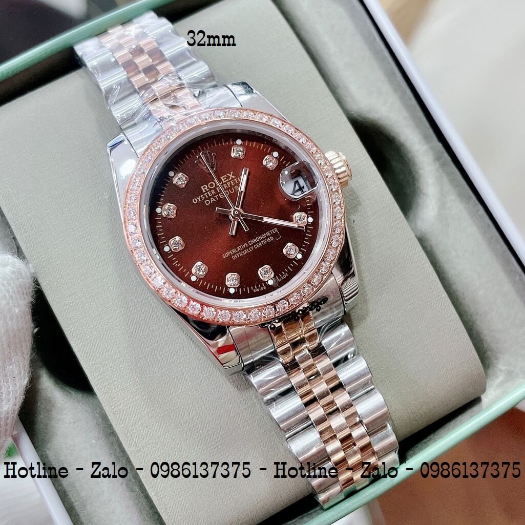 Đồng Hồ Rolex Nữ Demi Hồng Mặt Nâu Máy Pin 32mm