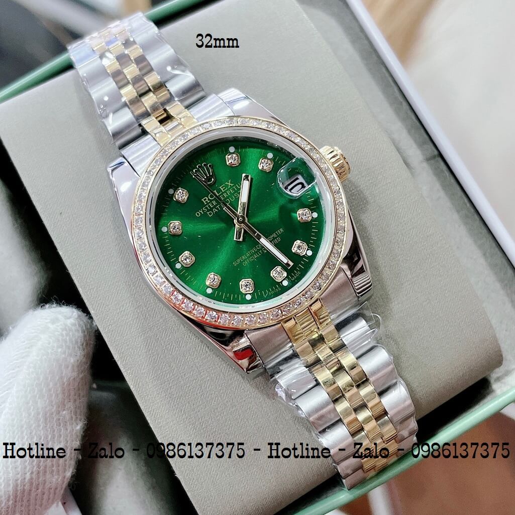 Đồng Hồ Rolex Nữ Demi Vàng Mặt Xanh Lá Máy Pin 32mm