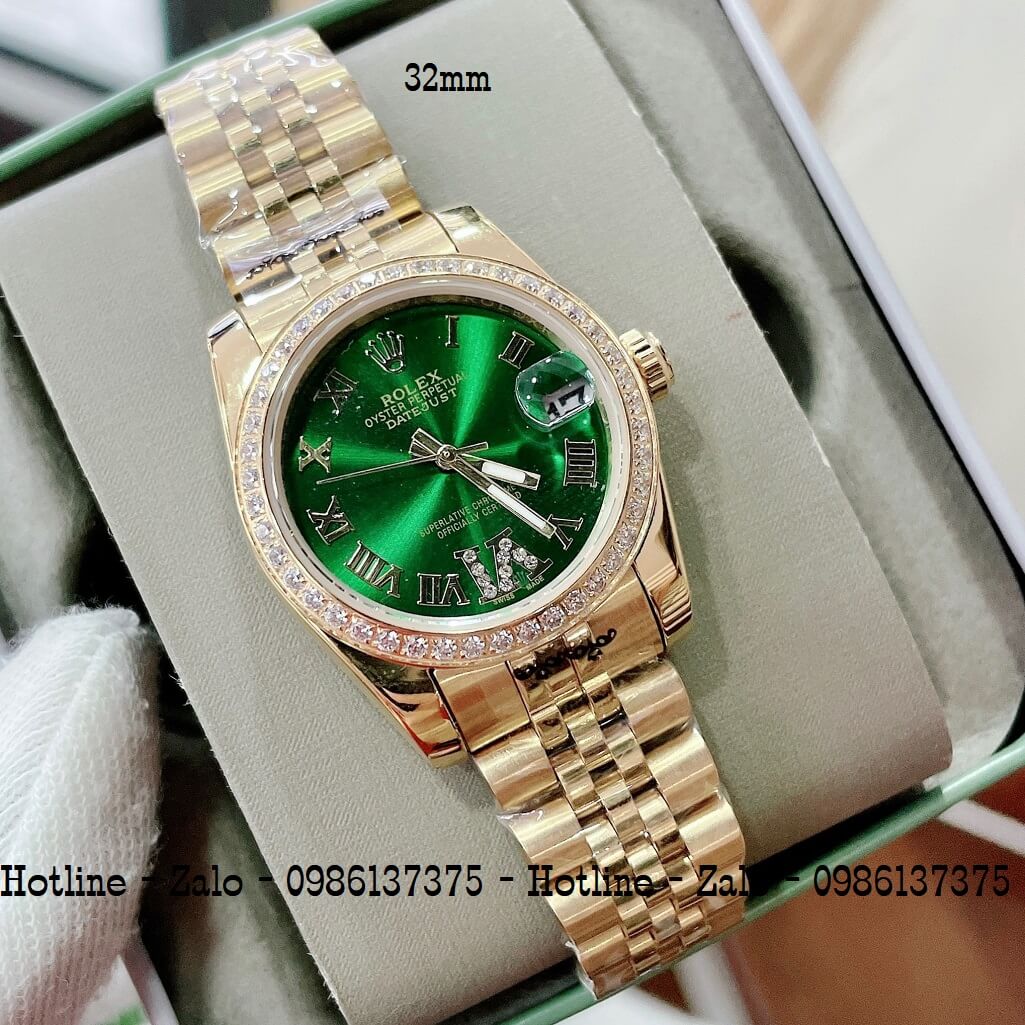 Đồng Hồ Rolex Nữ Vàng Mặt Xanh Lá Máy Pin 32mm