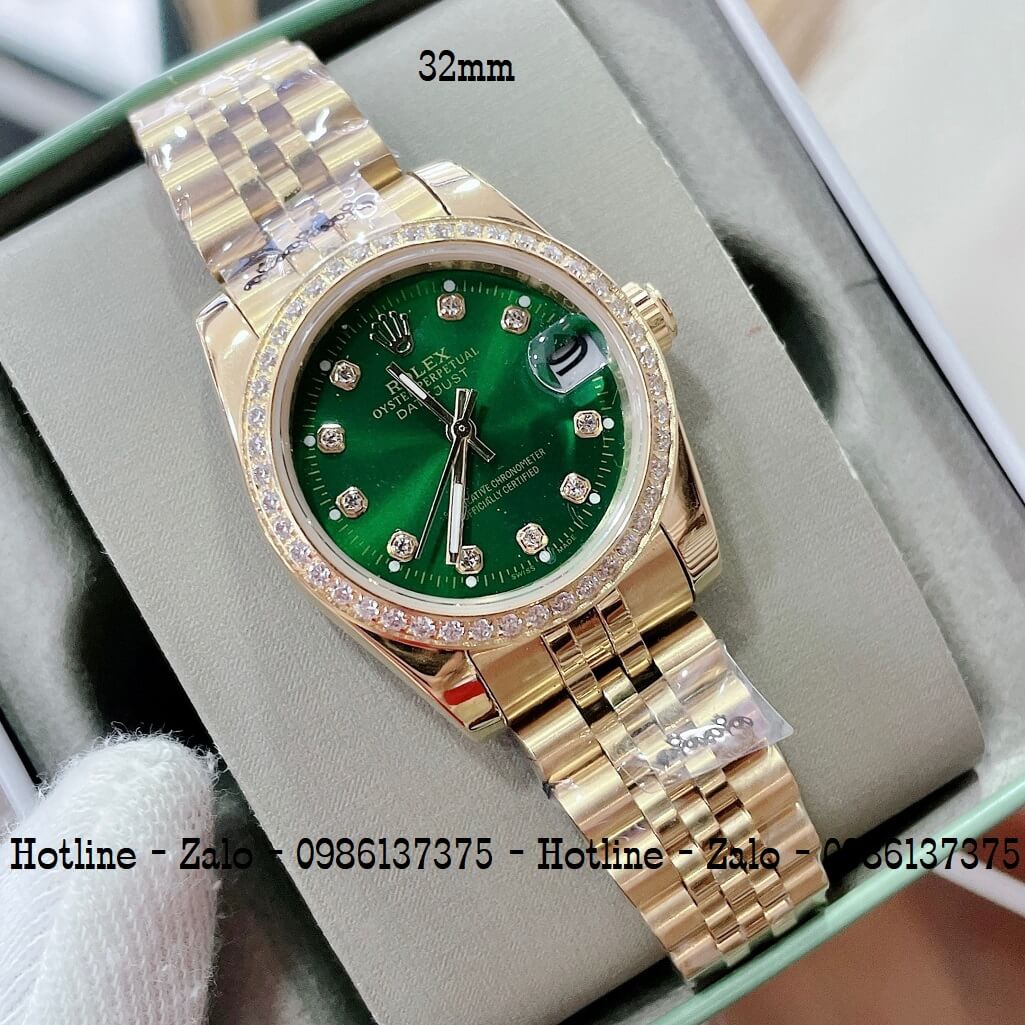 Đồng Hồ Rolex Nữ Vàng Mặt Xanh Lá Máy Pin 32mm