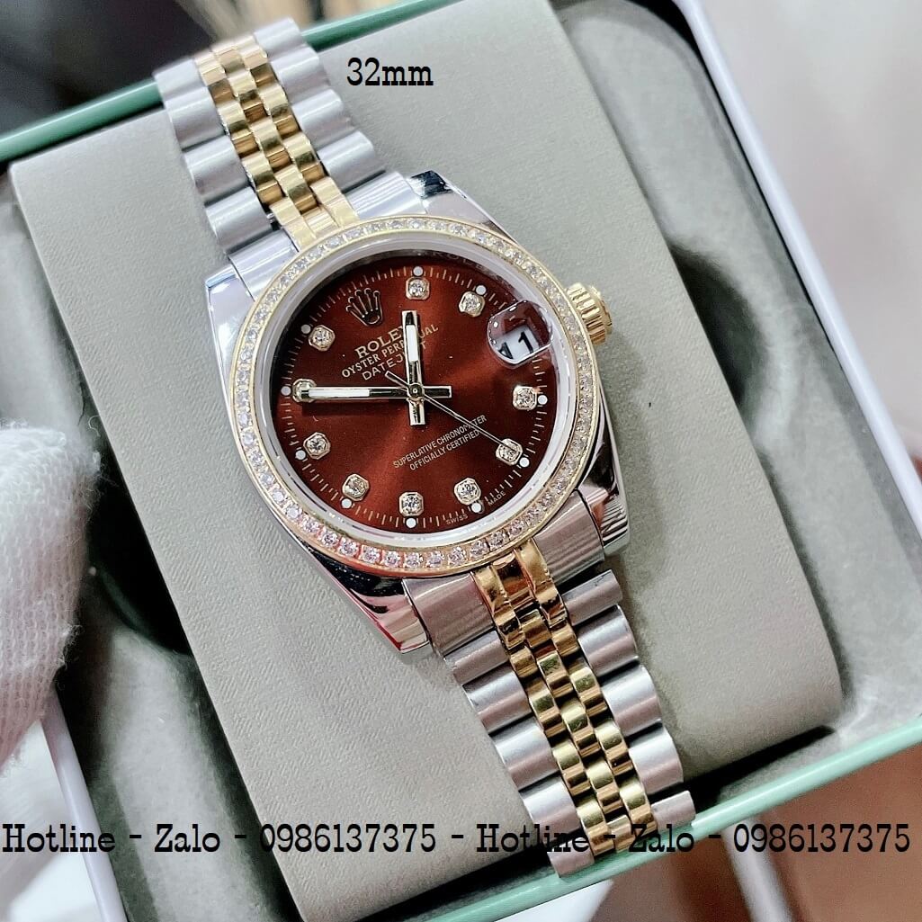 Đồng Hồ Rolex Nữ Demi Vàng Mặt Nâu Máy Pin 32mm