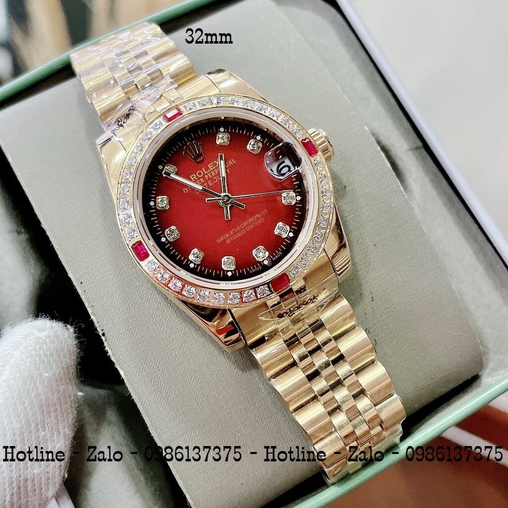 Đồng Hồ Rolex Nữ Vàng Mặt Đỏ Máy Pin 32mm