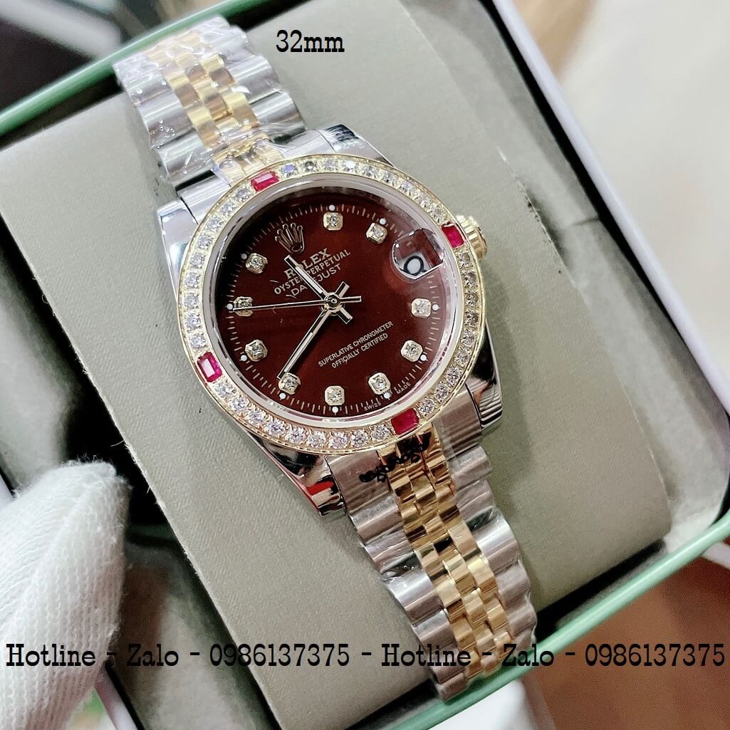 Đồng Hồ Rolex Nữ Demi Vàng Mặt Nâu Máy Pin 32mm