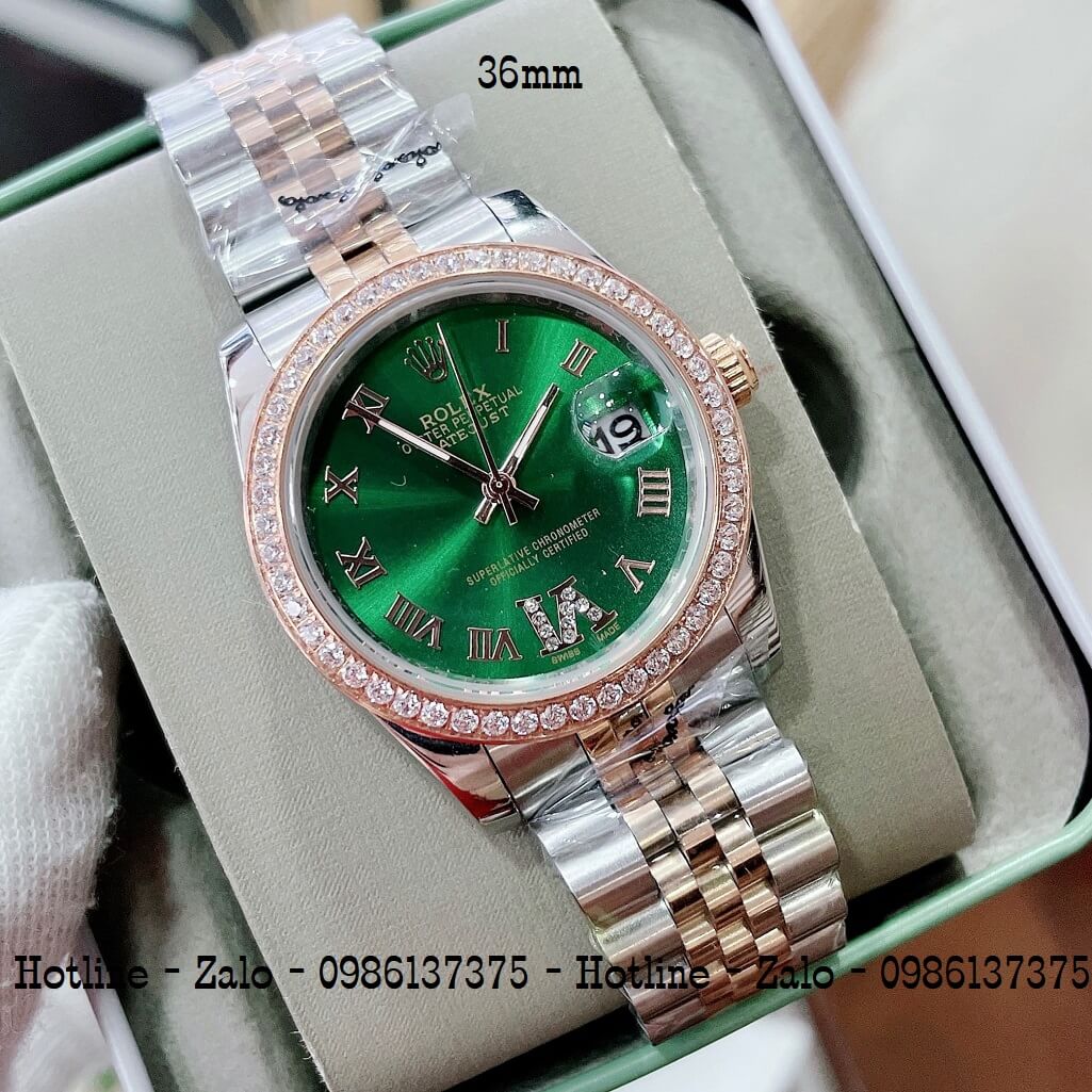 Đồng Hồ Rolex Nữ Demi Hồng Mặt Xanh Lá Máy Pin 36mm