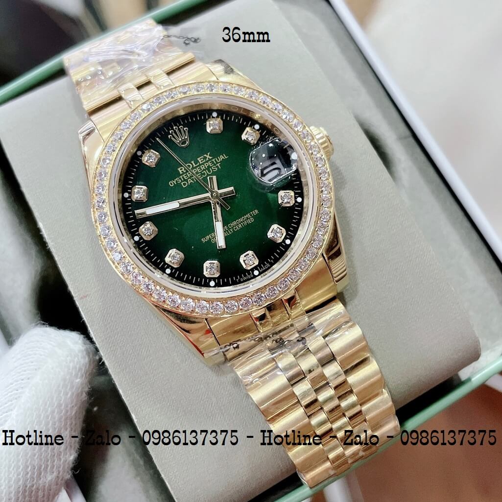 Đồng Hồ Rolex Nữ Vàng Mặt Xanh Lá Máy Pin 36mm