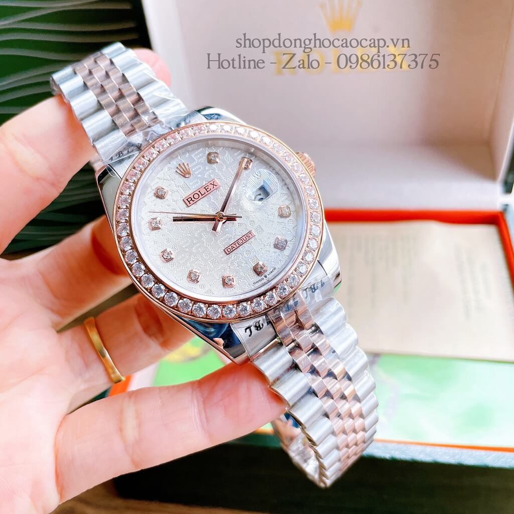 Đồng Hồ Nam Rolex Automatic Viền Đá Demi Vi Tính Rose Gold 41mm