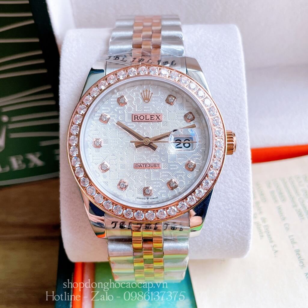 Đồng Hồ Nam Rolex Automatic Viền Đá Demi Vi Tính Rose Gold 41mm