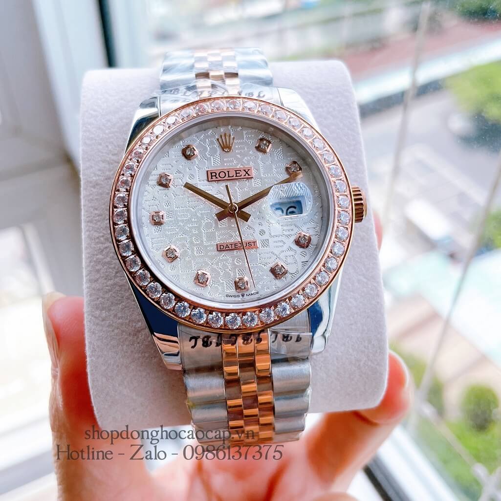 Đồng Hồ Nam Rolex Automatic Viền Đá Demi Vi Tính Rose Gold 41mm