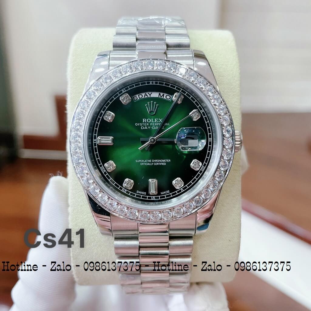 Đồng Hồ Rolex Tự Động Nam 2 Lịch Bạc Mặt Xanh Lá Đính Đá 41mm