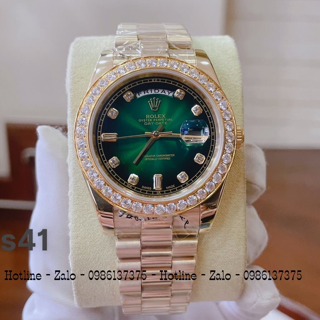 Đồng Hồ Rolex Tự Động Nam 2 Lịch Vàng Mặt Xanh Lá Đính Đá 41mm