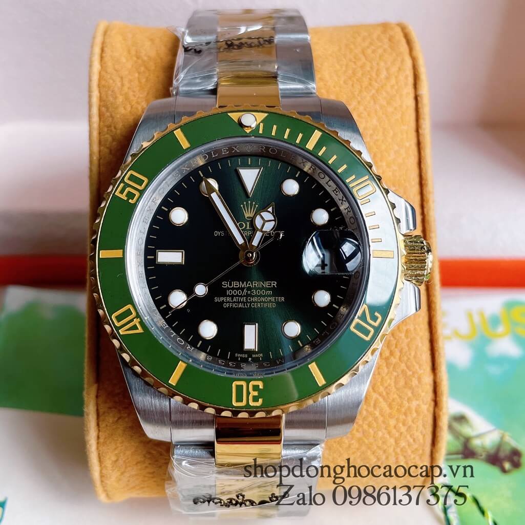 Đồng Hồ Rolex Submariner Nam Tự Động Viền Sapphire Mặt Xanh Lá Demi Gold 40mm