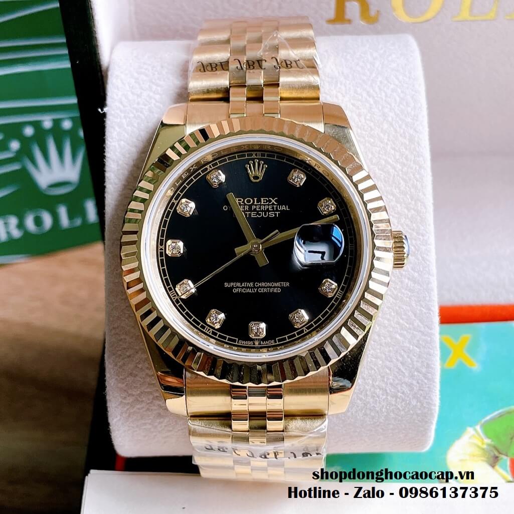 Đồng Hồ Rolex Datejust Nam Tự Động Viền Khía Dây Vàng Mặt Đen 41mm