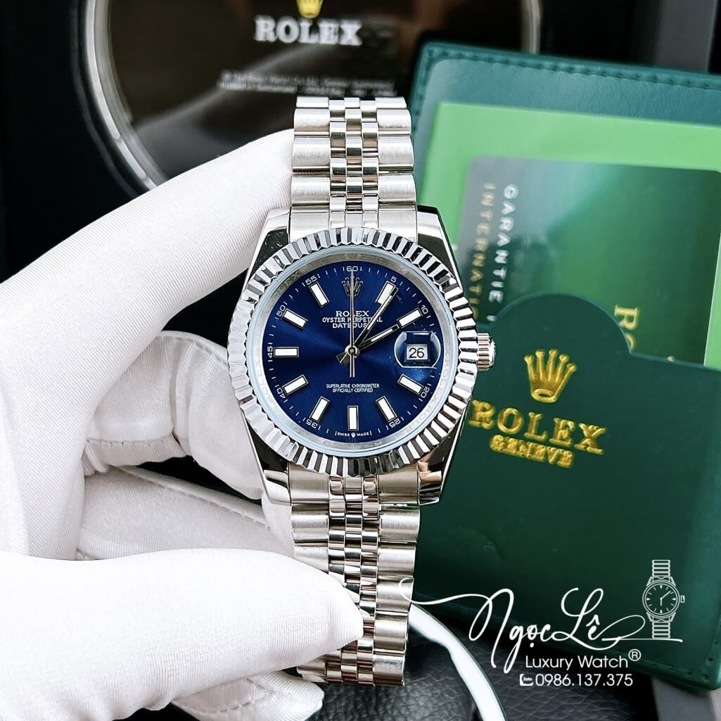 Đồng Hồ Rolex Datejust Tự Động Nam Bạc Mặt Xanh Dương Phản Quang 41mm