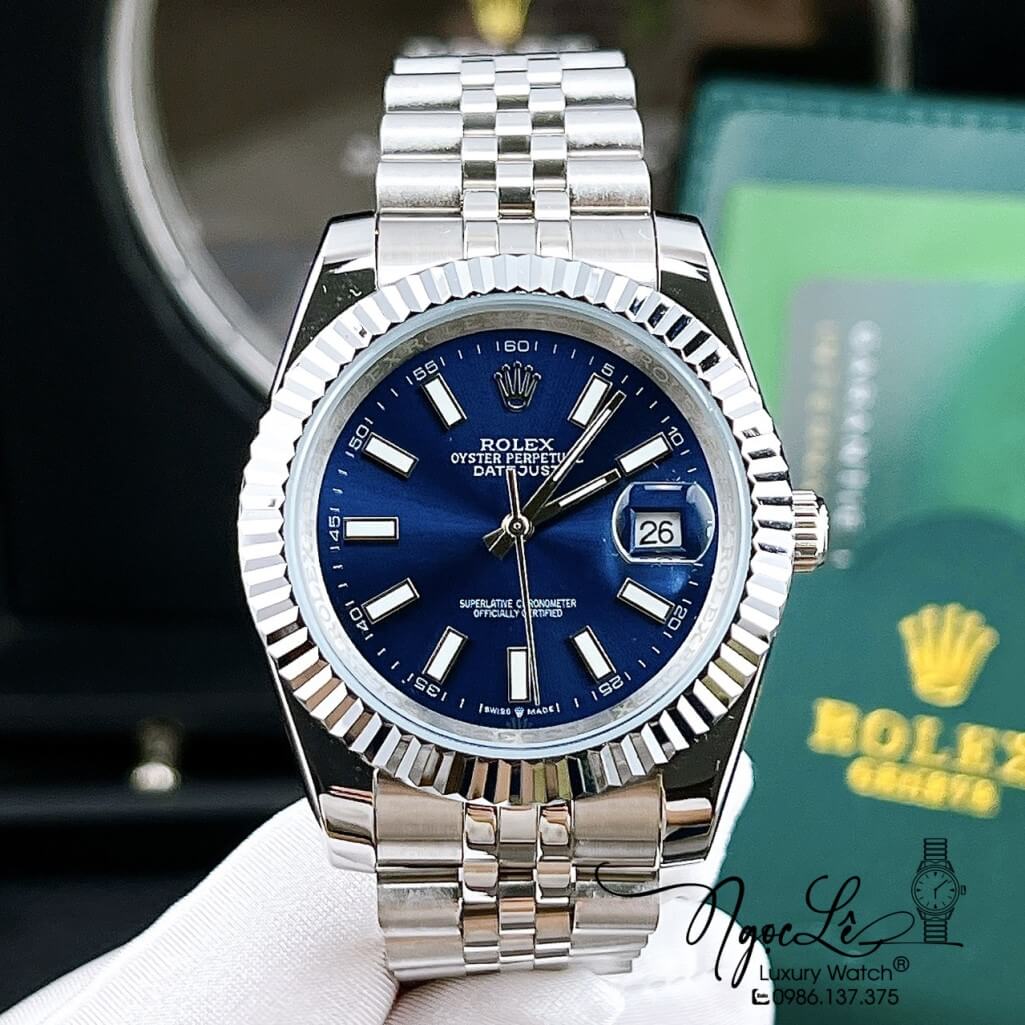 Đồng Hồ Rolex Datejust Tự Động Nam Bạc Mặt Xanh Dương Phản Quang 41mm