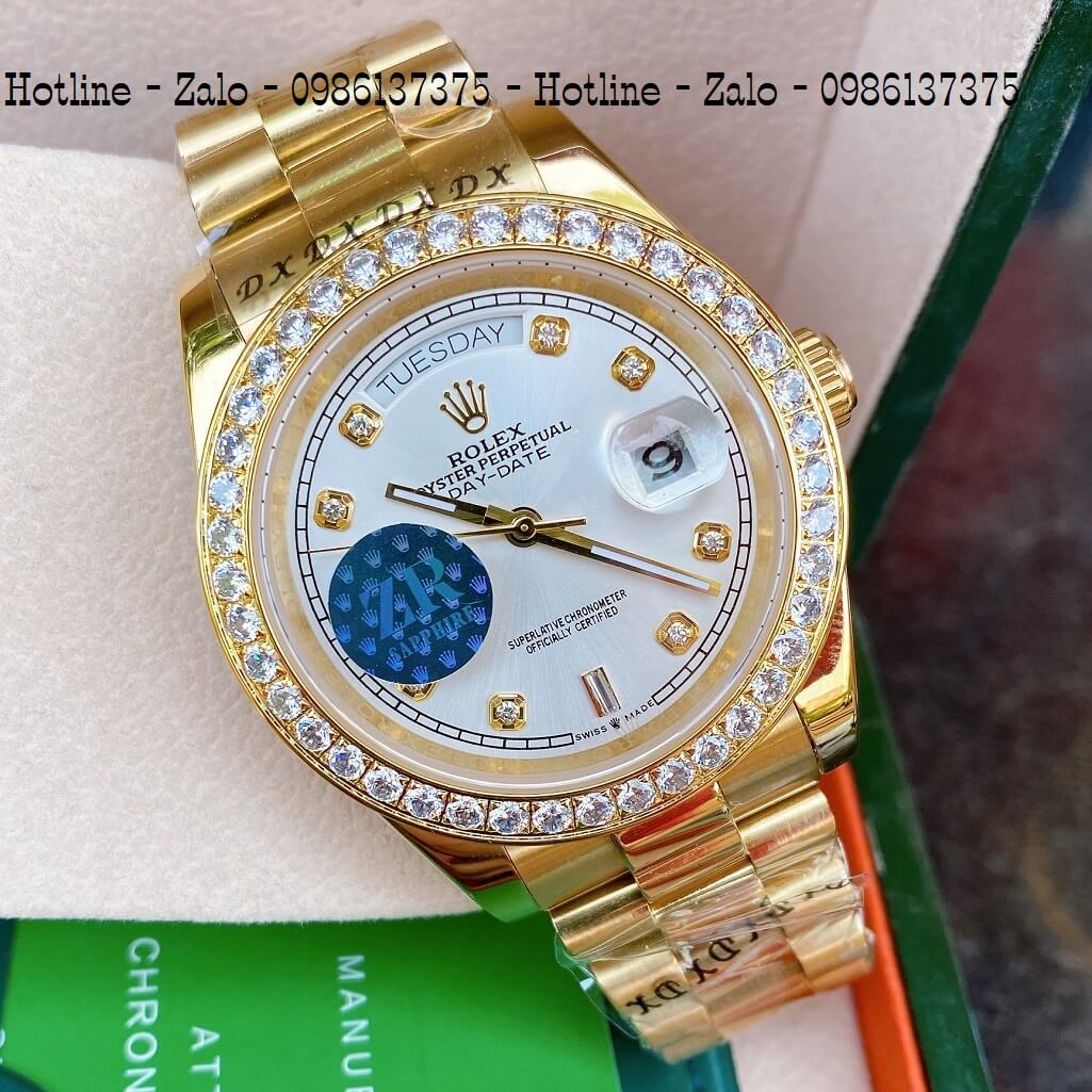 Đồng Hồ Nam Rolex Automatic 2 Lịch Viền Đá Vàng Mặt Trắng 41mm