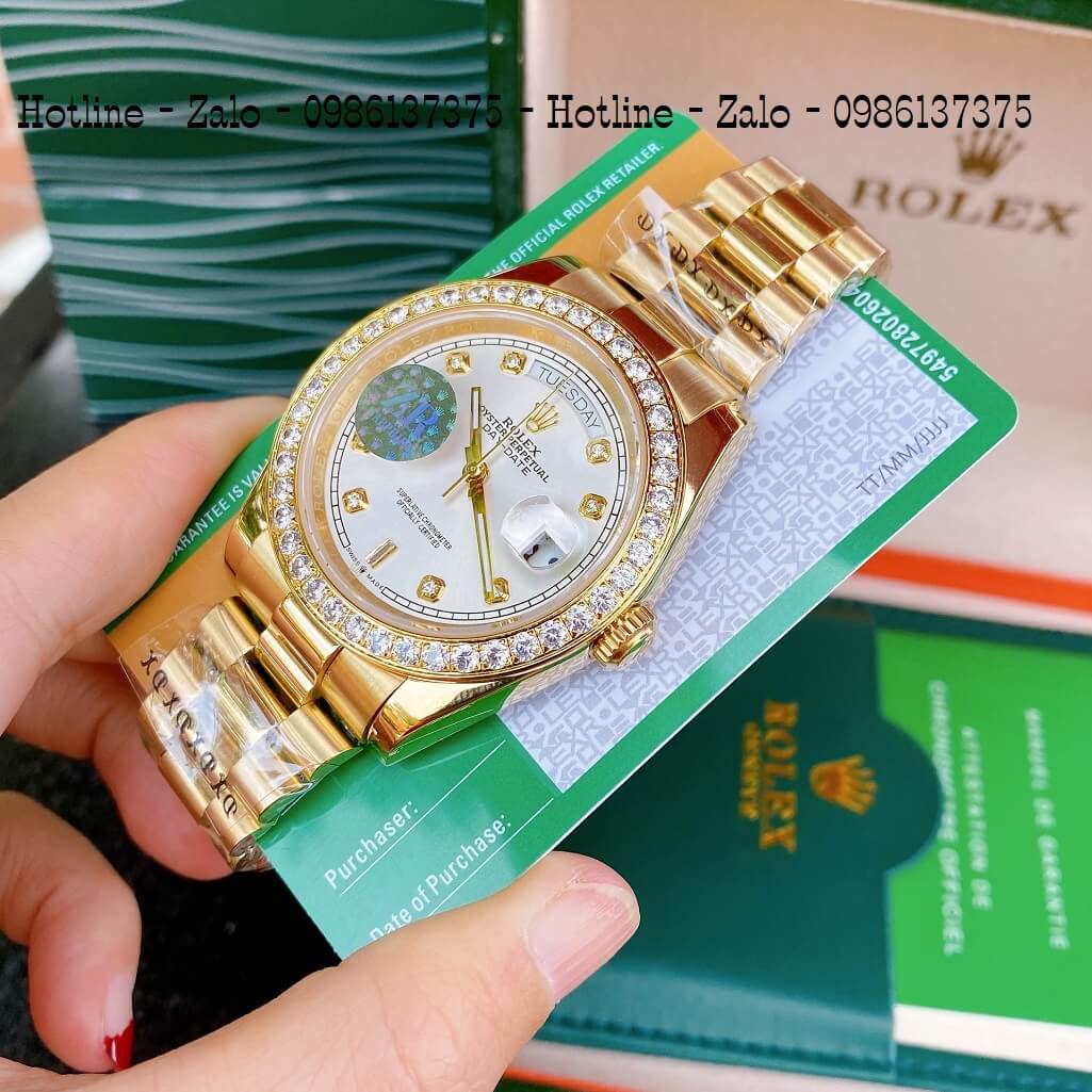 Đồng Hồ Nam Rolex Automatic 2 Lịch Viền Đá Vàng Mặt Trắng 41mm