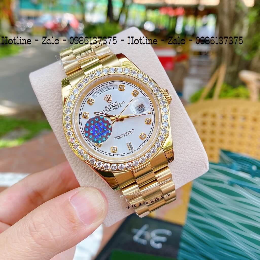 Đồng Hồ Nam Rolex Automatic 2 Lịch Viền Đá Vàng Mặt Trắng 41mm