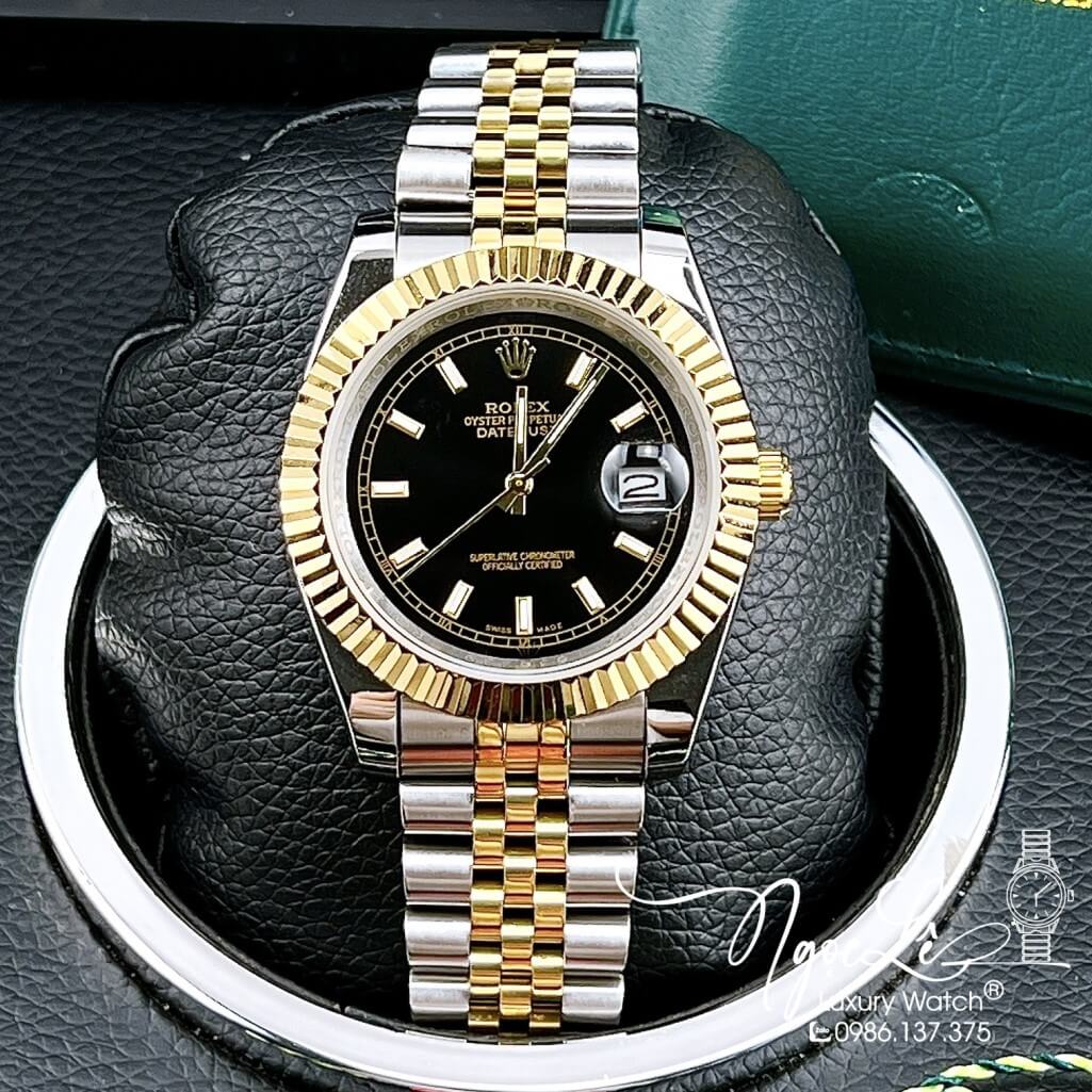 Đồng Hồ Rolex Datejust Tự Động Nam Demi Vàng Mặt Đen Phản Quang 41mm