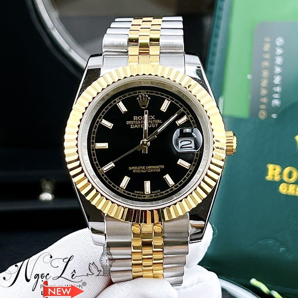 Đồng Hồ Rolex Datejust Tự Động Nam Demi Vàng Mặt Đen Phản Quang 41mm