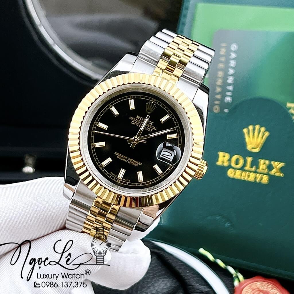 Đồng Hồ Rolex Datejust Tự Động Nam Demi Vàng Mặt Đen Phản Quang 41mm