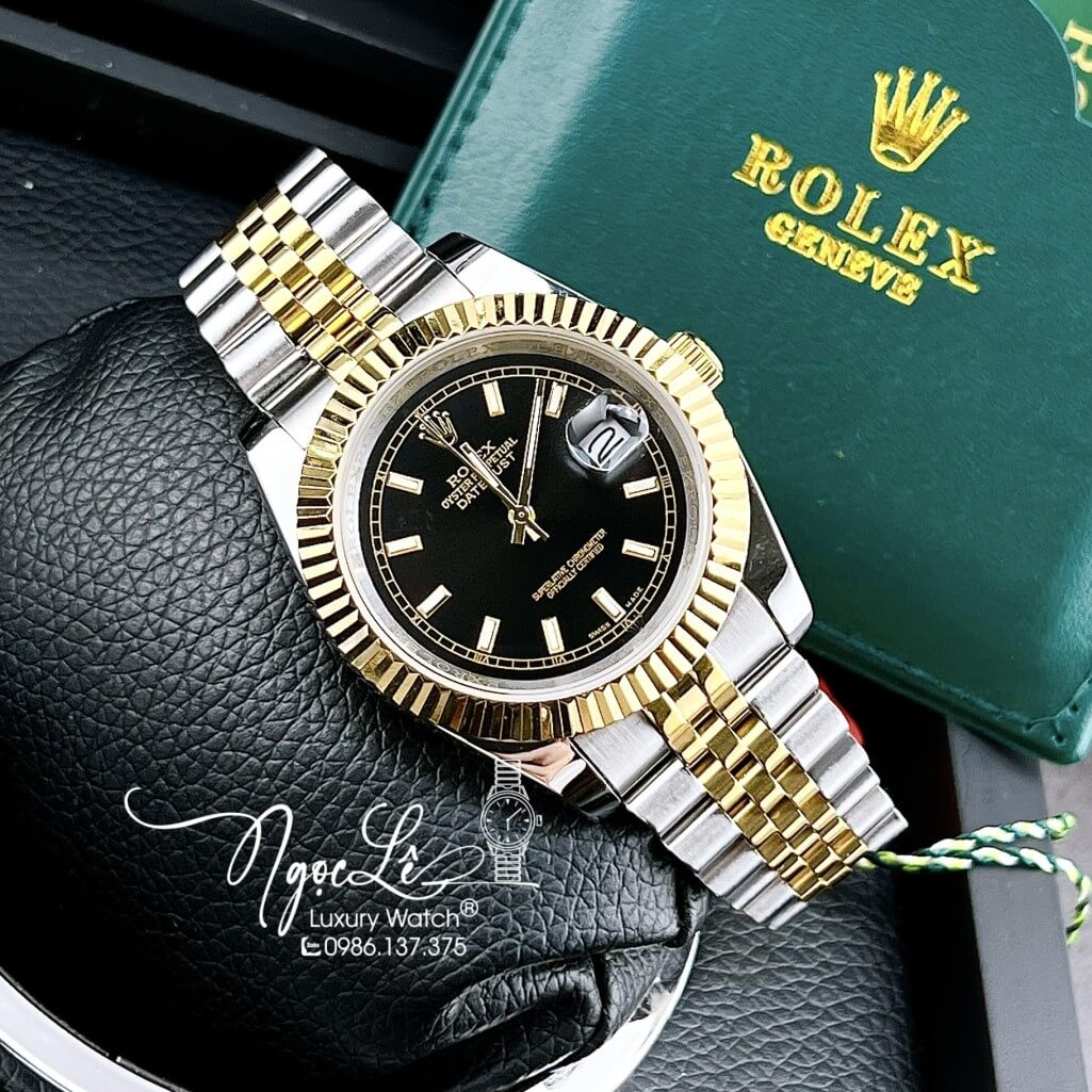 Đồng Hồ Rolex Datejust Tự Động Nam Demi Vàng Mặt Đen Phản Quang 41mm