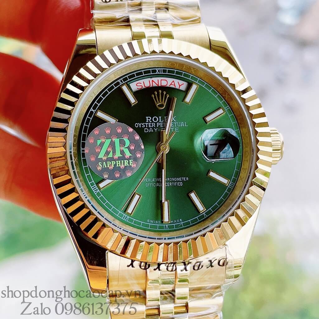 Đồng Hồ Rolex Day-Date Tự Động Nam  2 Lịch Dây Vàng Mặt Xanh Lá 41mm