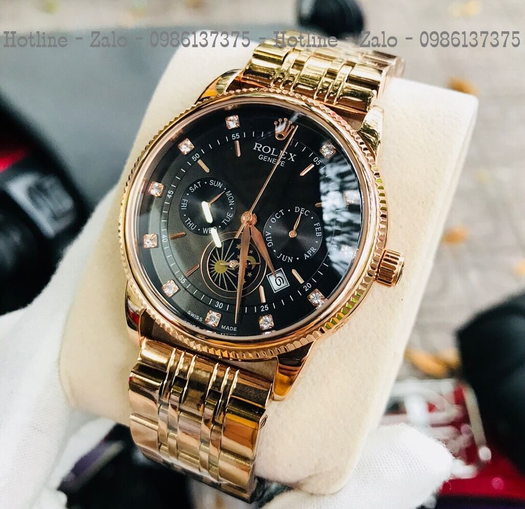 Đồng Hồ Rolex Tự Động Nam Vàng Hồng Mặt Đen Lộ Máy Sau 41mm