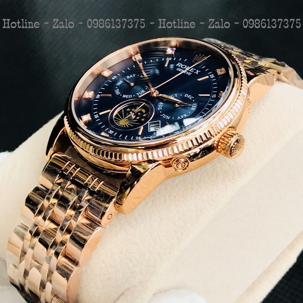 Đồng Hồ Rolex Tự Động Nam Vàng Hồng Mặt Xanh Lộ Máy Sau 41mm