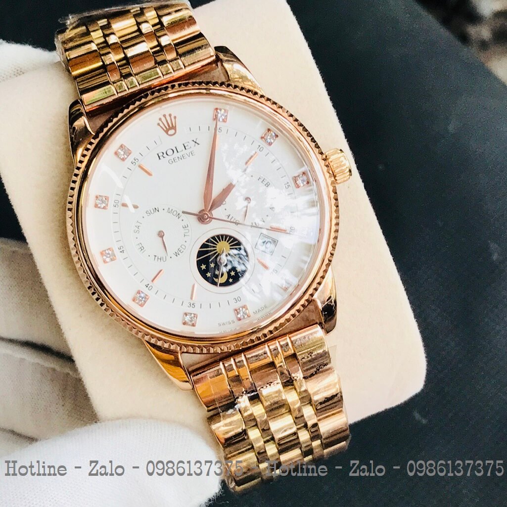 Đồng Hồ Rolex Tự Động Nam Vàng Hồng Mặt Trắng Lộ Máy Sau 41mm