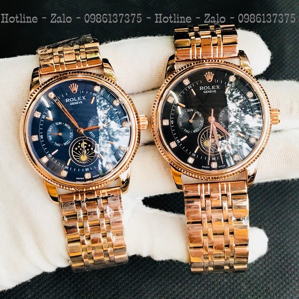 Đồng Hồ Rolex Tự Động Nam Vàng Hồng Mặt Đen Lộ Máy Sau 41mm