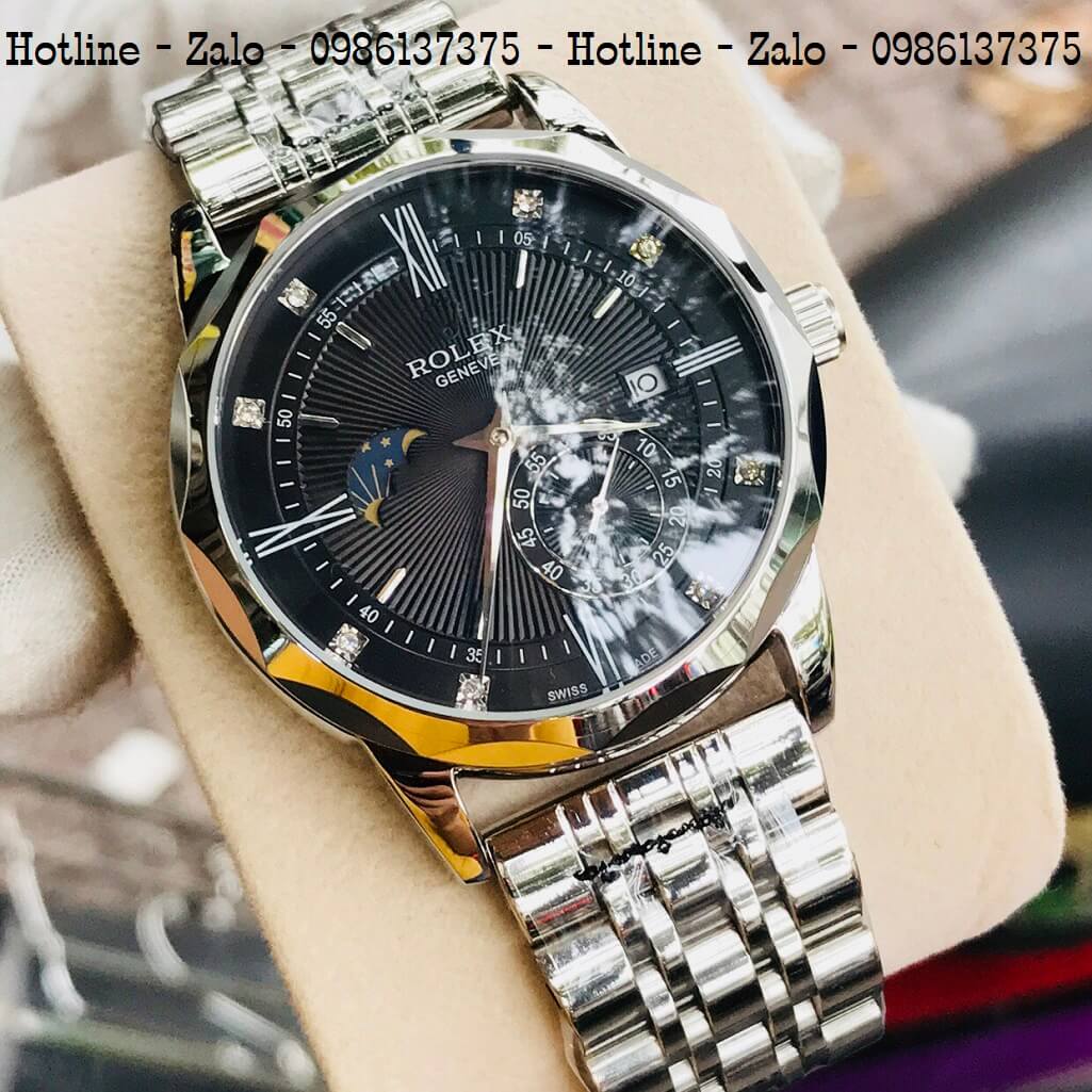 Đồng Hồ Rolex Tự Động Nam Bạc Mặt Đen Lộ Máy Sau 41mm