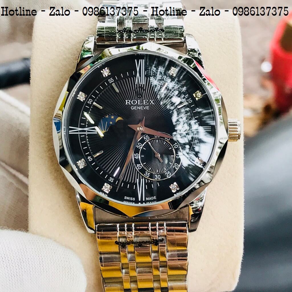 Đồng Hồ Rolex Tự Động Nam Bạc Mặt Đen Lộ Máy Sau 41mm