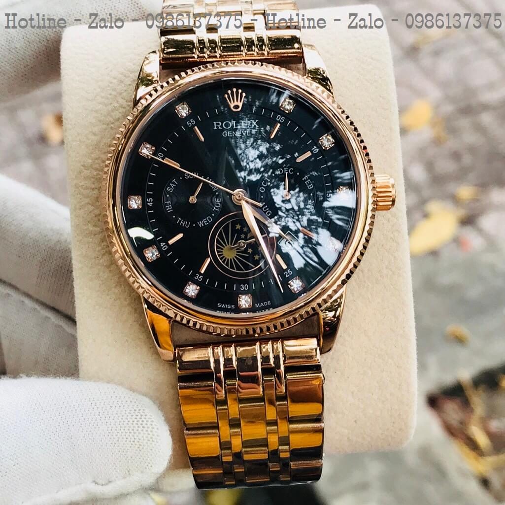 Đồng Hồ Rolex Tự Động Nam Vàng Hồng Mặt Đen Lộ Máy Sau 41mm