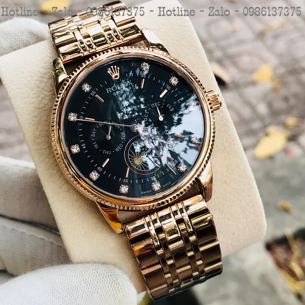 Đồng Hồ Rolex Tự Động Nam Vàng Hồng Mặt Đen Lộ Máy Sau 41mm