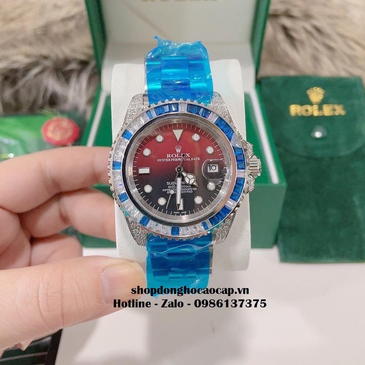 Đồng Hồ Rolex Submariner Date Nam Tự Động Mặt Đỏ Đính Đá 41mm