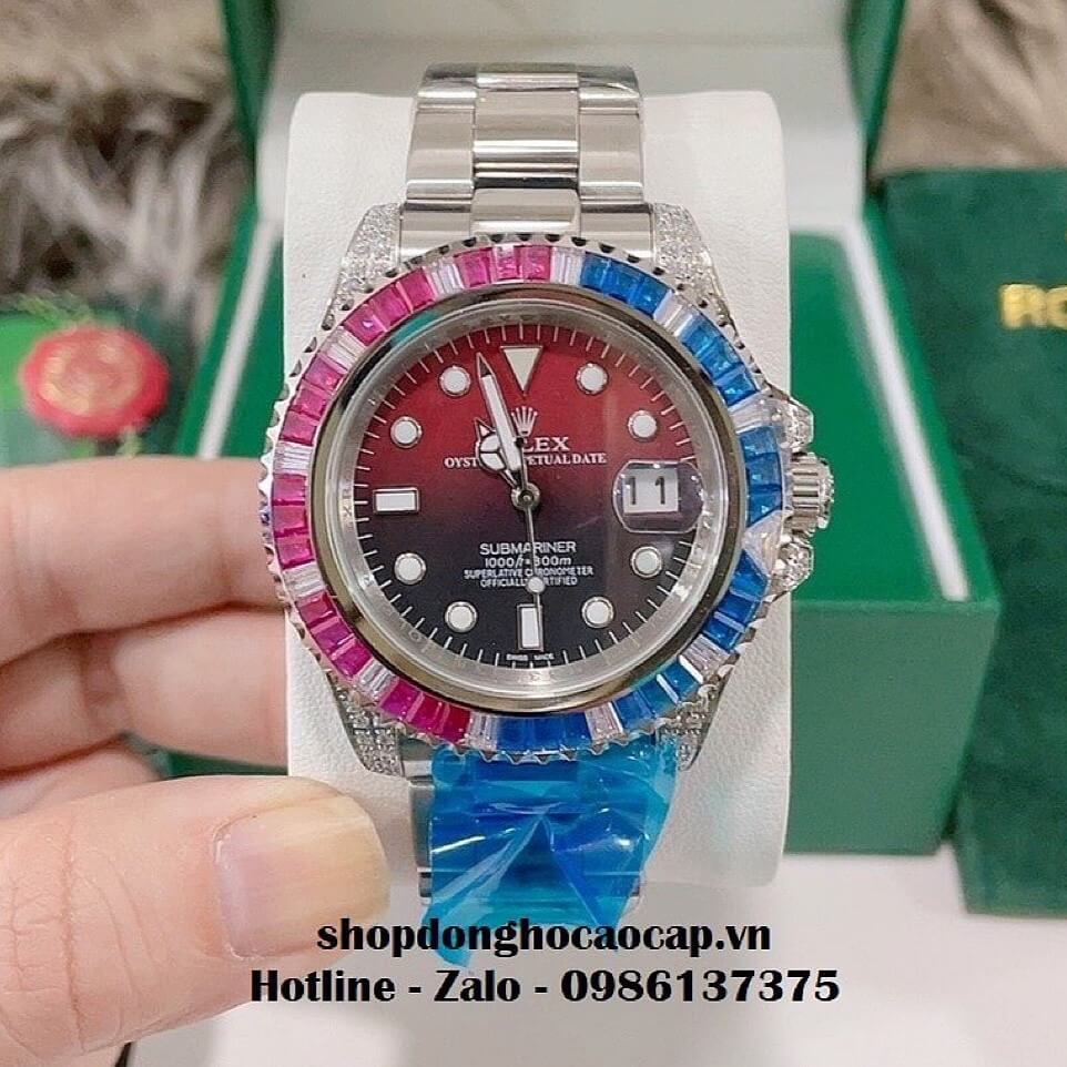 Đồng Hồ Rolex Submariner Date Nam Tự Động Mặt Đỏ Đính Đá Màu 41mm