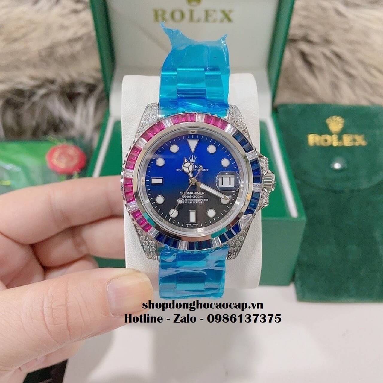 Đồng Hồ Rolex Submariner Date Nam Tự Động Mặt Xanh Đính Đá 41mm