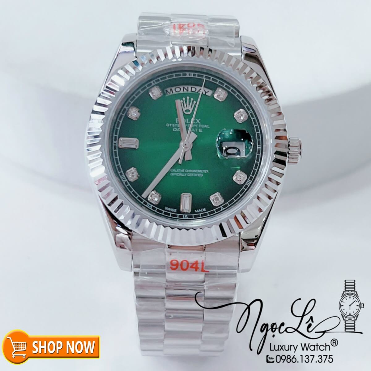 Đồng Hồ Rolex Day-Date Nam Máy Cơ Tự Động Dây Bạc Mặt Ombre Xanh Lá Size 41mm