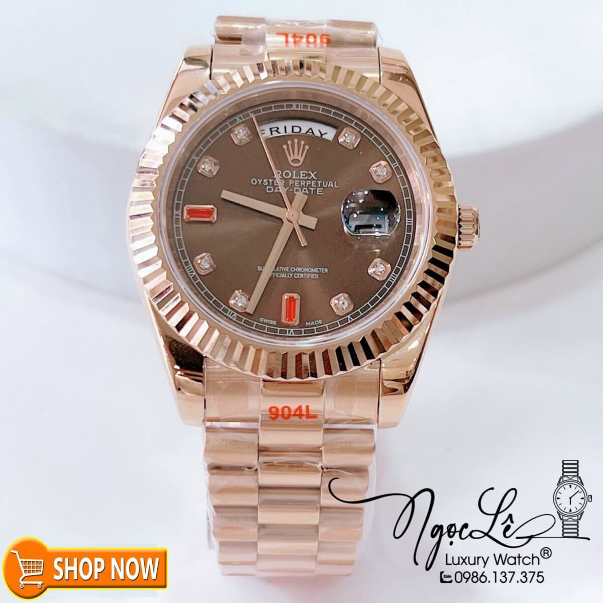 Đồng Hồ Rolex Day-Date Nam Máy Cơ Tự Động Dây Vàng Hồng Mặt Nâu Size 41mm