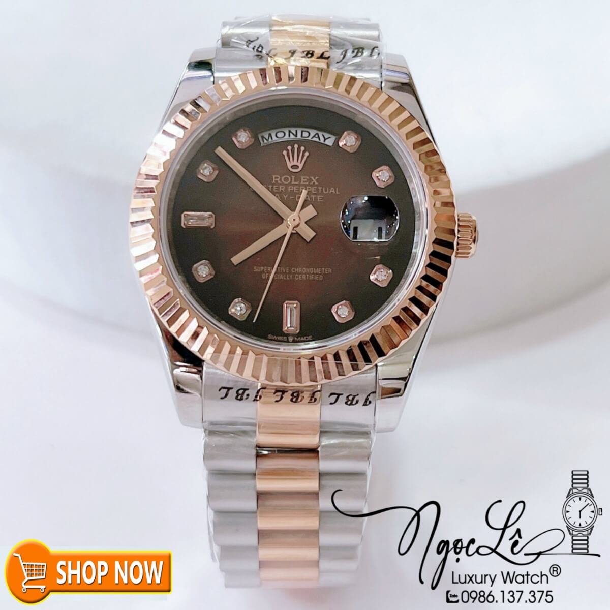 Đồng Hồ Rolex Day-Date Nam Máy Cơ Tự Động Dây Demi Rose Mặt Ombre Nâu Size 41mm