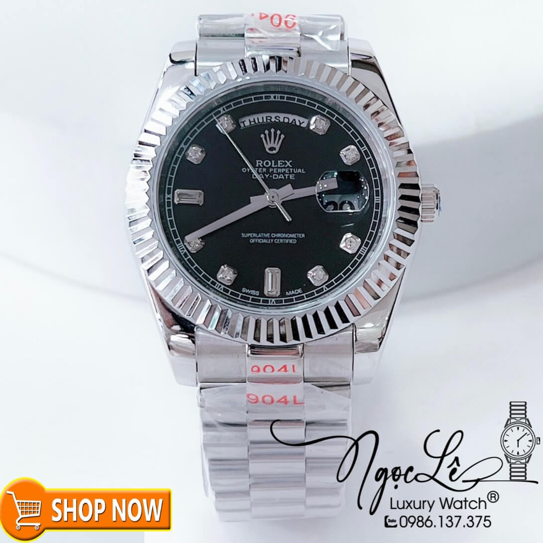 Đồng Hồ Rolex Day-Date Nam Máy Cơ Tự Động Dây Bạc Mặt Đen Size 41mm