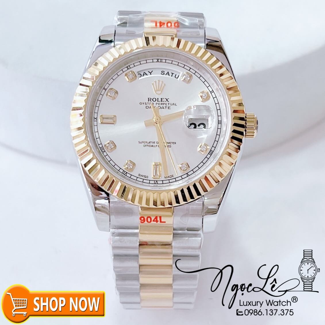 Đồng Hồ Rolex Day-Date Nam Máy Cơ Tự Động Dây Demi Vàng Mặt Trắng Size 41mm