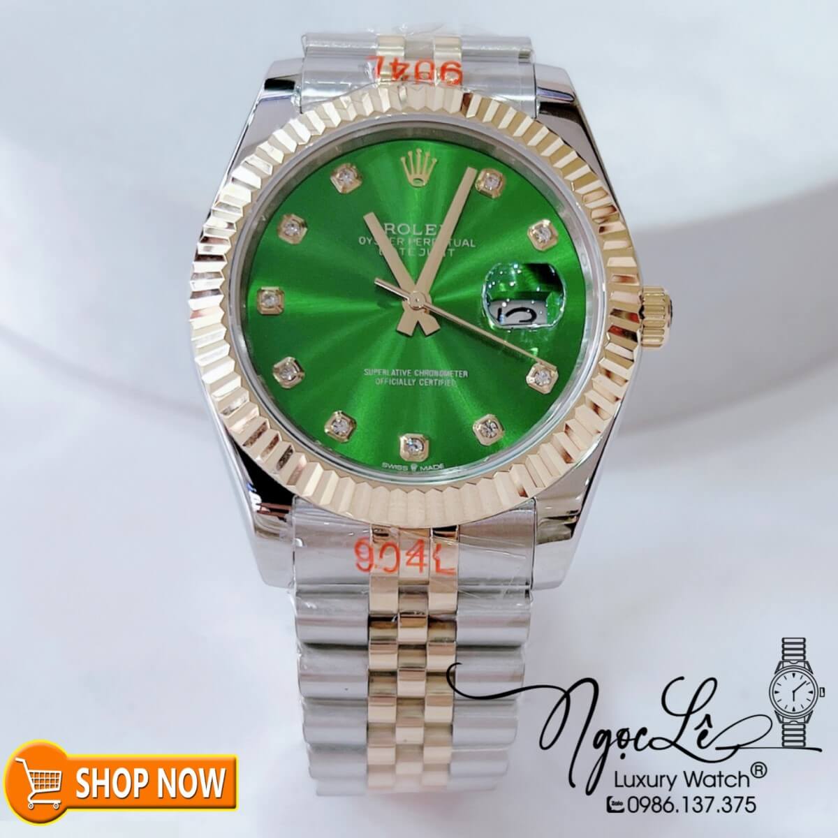 Đồng Hồ Rolex Datejust Nam Máy Cơ Tự Động Dây Demi Vàng Mặt Xanh Lá Size 41mm