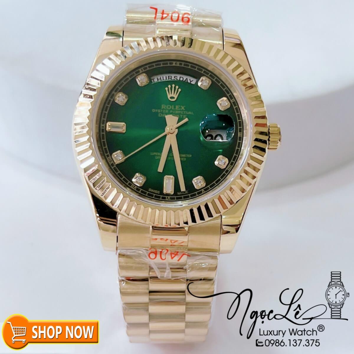 Đồng Hồ Rolex Day-Date Nam Máy Cơ Tự Động Dây Vàng Mặt Ombre Xanh Lá Size 41mm