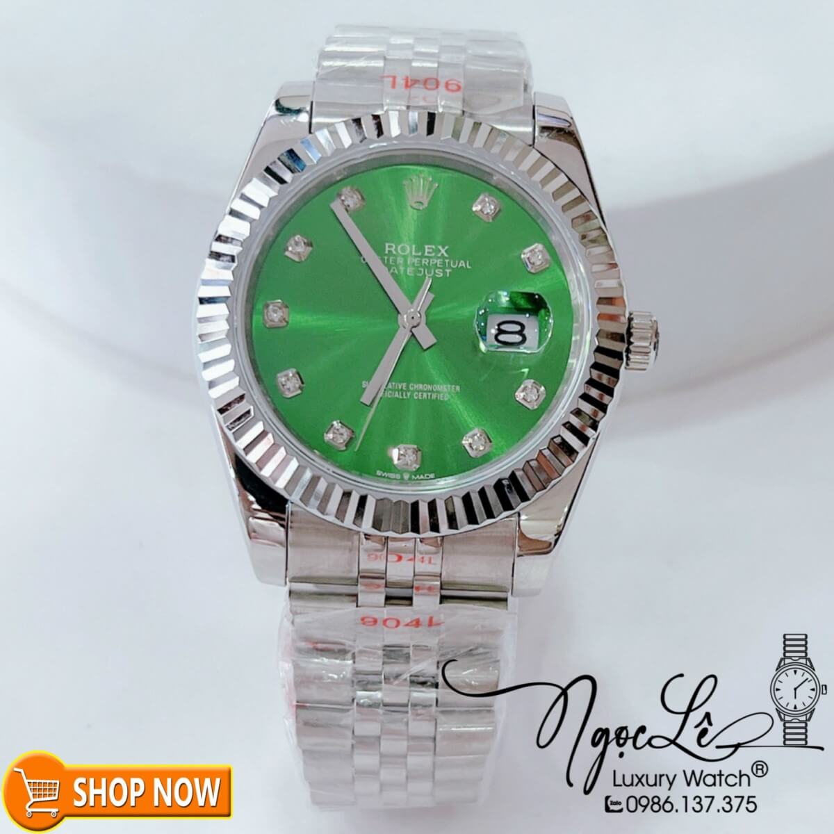 Đồng Hồ Rolex Datejust Nam Máy Cơ Tự Động Dây Bạc Mặt Xanh Lá Size 41mm