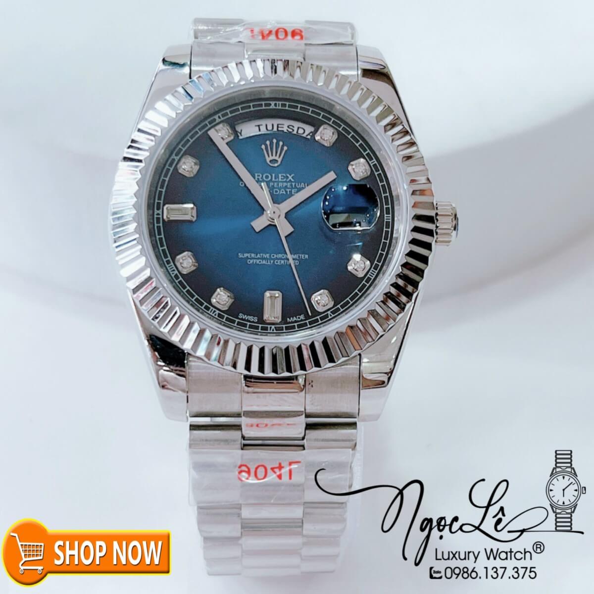 Đồng Hồ Rolex Day-Date Nam Máy Cơ Tự Động Dây Bạc Mặt Ombre Xanh Dương Size 41mm