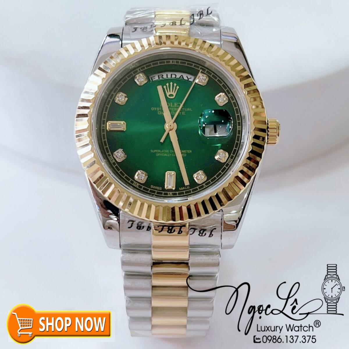 Đồng Hồ Rolex Day-Date Nam Máy Cơ Tự Động Dây Demi Vàng Mặt Ombre Xanh Lá Size 41mm