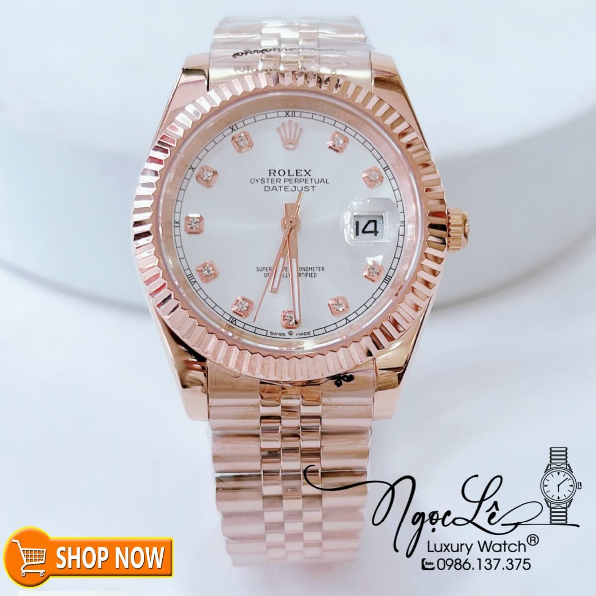 Đồng Hồ Rolex Datejust Nam Máy Cơ Tự Động Dây Vàng Hồng Mặt Trắng Size 41mm